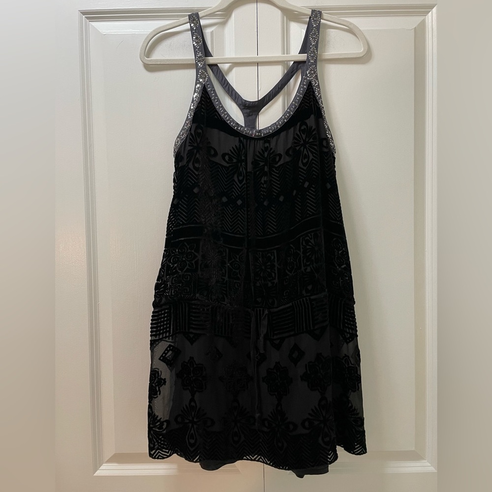Free People Black Silk and Sequin Strap Dress Velvet Texture, Tie Waist, Lined
